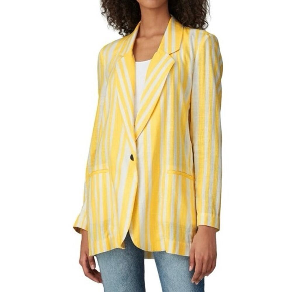 WILLOW Meyer Blazer Yellow White Striped Linen Blend Button Front Blazer - Small